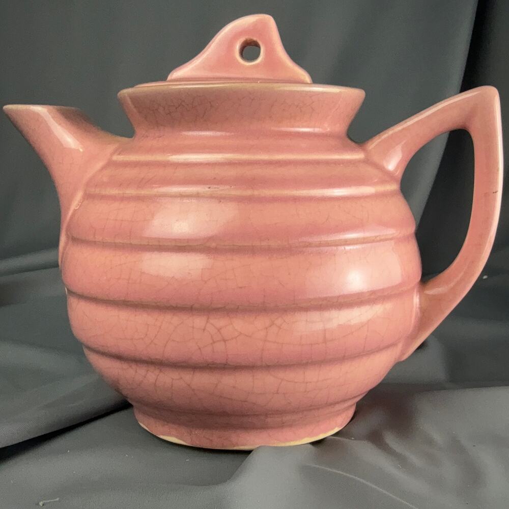 Vintage Pink Pottery Teapot Ribbed Ringware Style 1930s Art Deco 7.5x6.5
